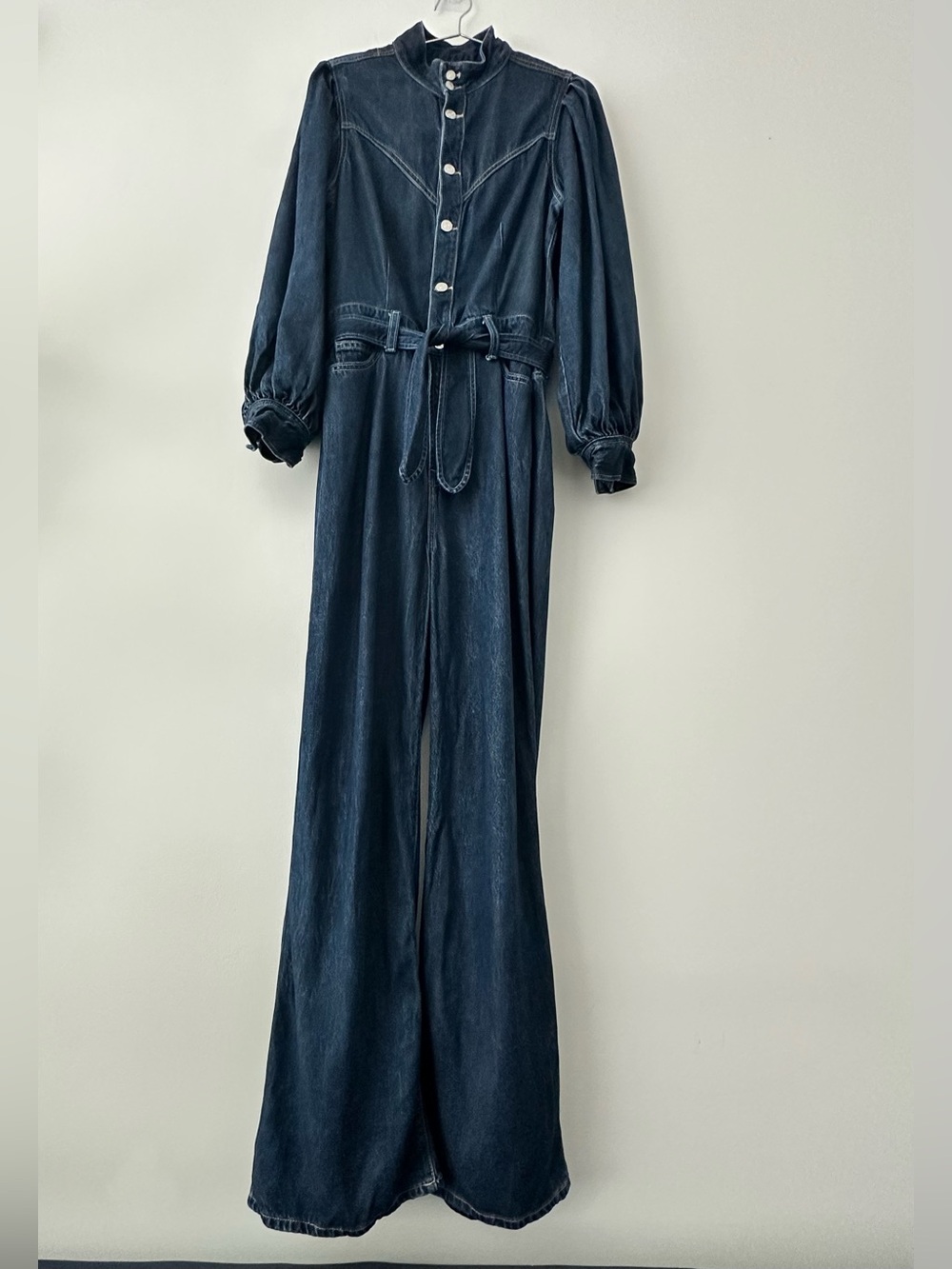 7 For All Mankind Women’s Denim Jumpsuit Large Dark Wash Wide Leg Belted - Picture 5 of 16